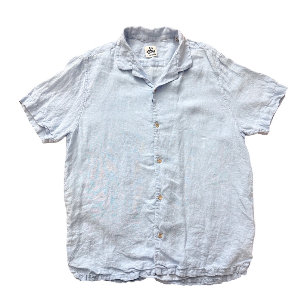 Origen Mens Light Blue 100% Linen Short Sleeve Button Down Camp Shirt Large
